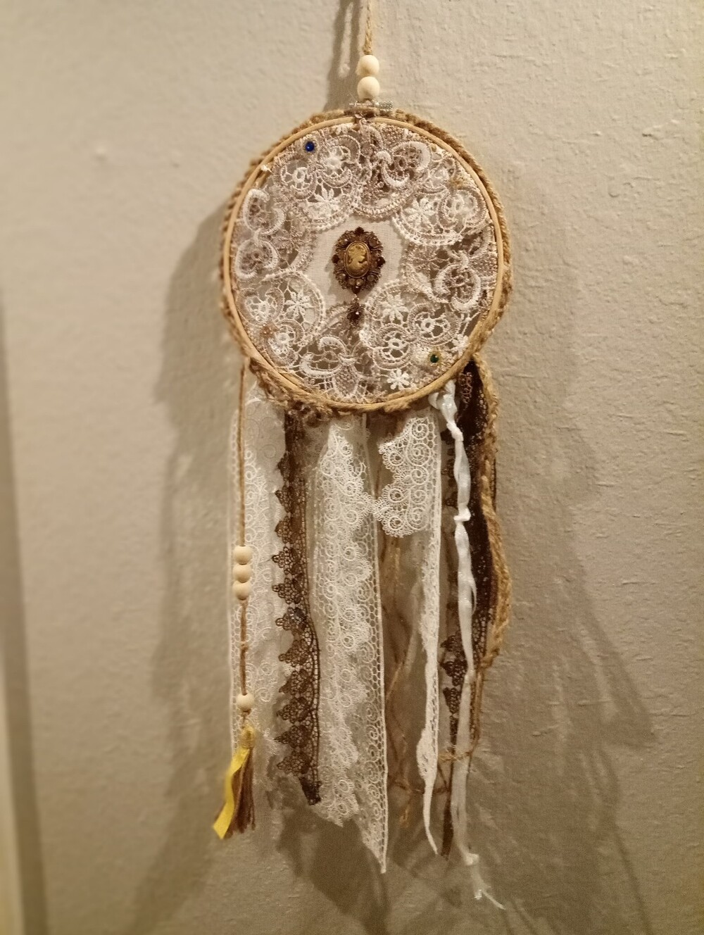 Hand Crafted White & Brown Lace Dreamcatcher Wall Hanging